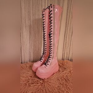 Demonia Shaker-374 pink holographic patent platform thigh high wedge boots 9
